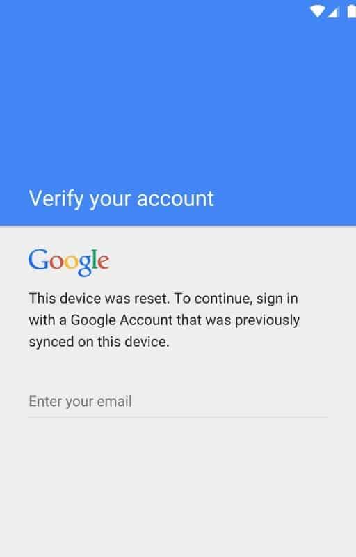 This device was reset. To continue, sign in with a Google Account that was previously synced on this device.